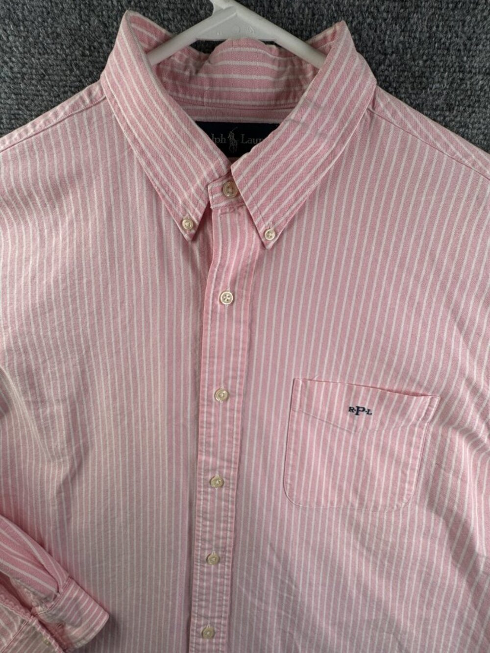 Ralph Lauren Men Button Up Shirt Long Sleeve Cotton Pink Striped XL Embroidered
